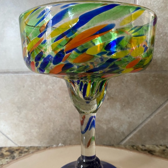 Mexico Mouth Blown Confetti Cobalt Blue Stem Base Margarita Glass Thick Heavy - Picture 6 of 14